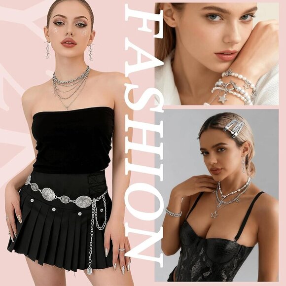 Y2K Accessories Set Silver Layered Jewelry Vintage Waist Chain Hair Clips for Wo